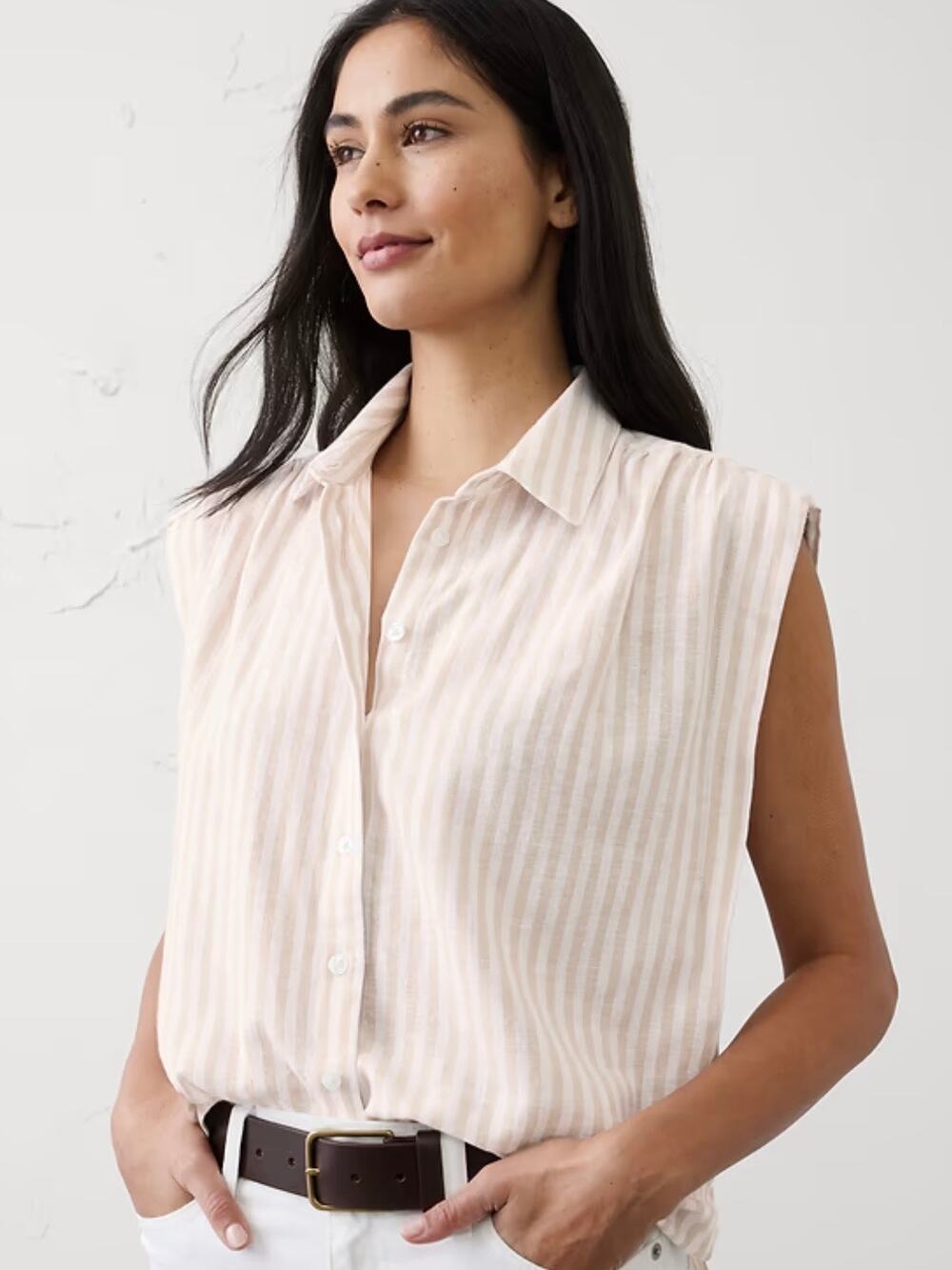 Banana Republic Linen Pleated Shirt Neutral Stripe XXL NEW